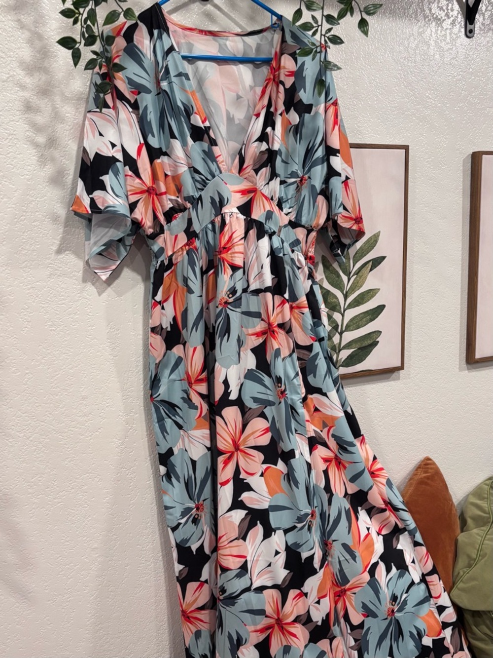 Floral Maxi Dress with Blue and Coral Blooms